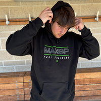 Person wearing a black hoodie with 'MAXBP' branding outdoors.